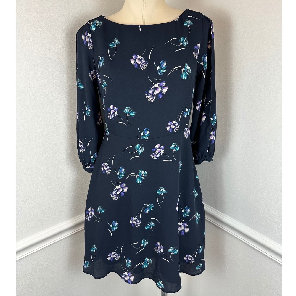 BANANA REPUBLIC Navy Multicolor Floral Print Boat Neck Dress 3/4 Sleeve NWT 0P